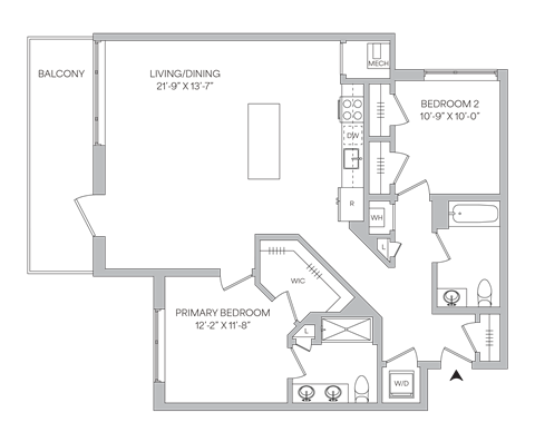 Floor plan for 2 beds, 2 baths, 1222 sqft
